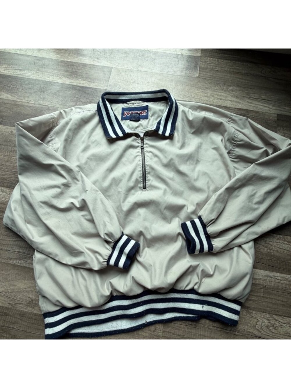 Vintage JanSport Beige Pullover Jacket With Striped Trim & Half-Zip Closure Ligh
